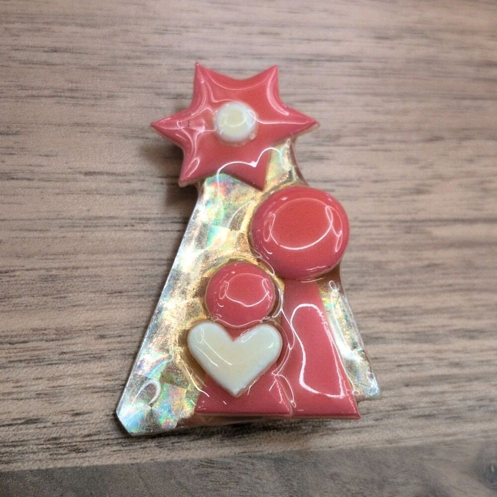 vtg 90s Handcrafted Resin Christmas Tree Brooch Pink Cream Iridescent Star Heart